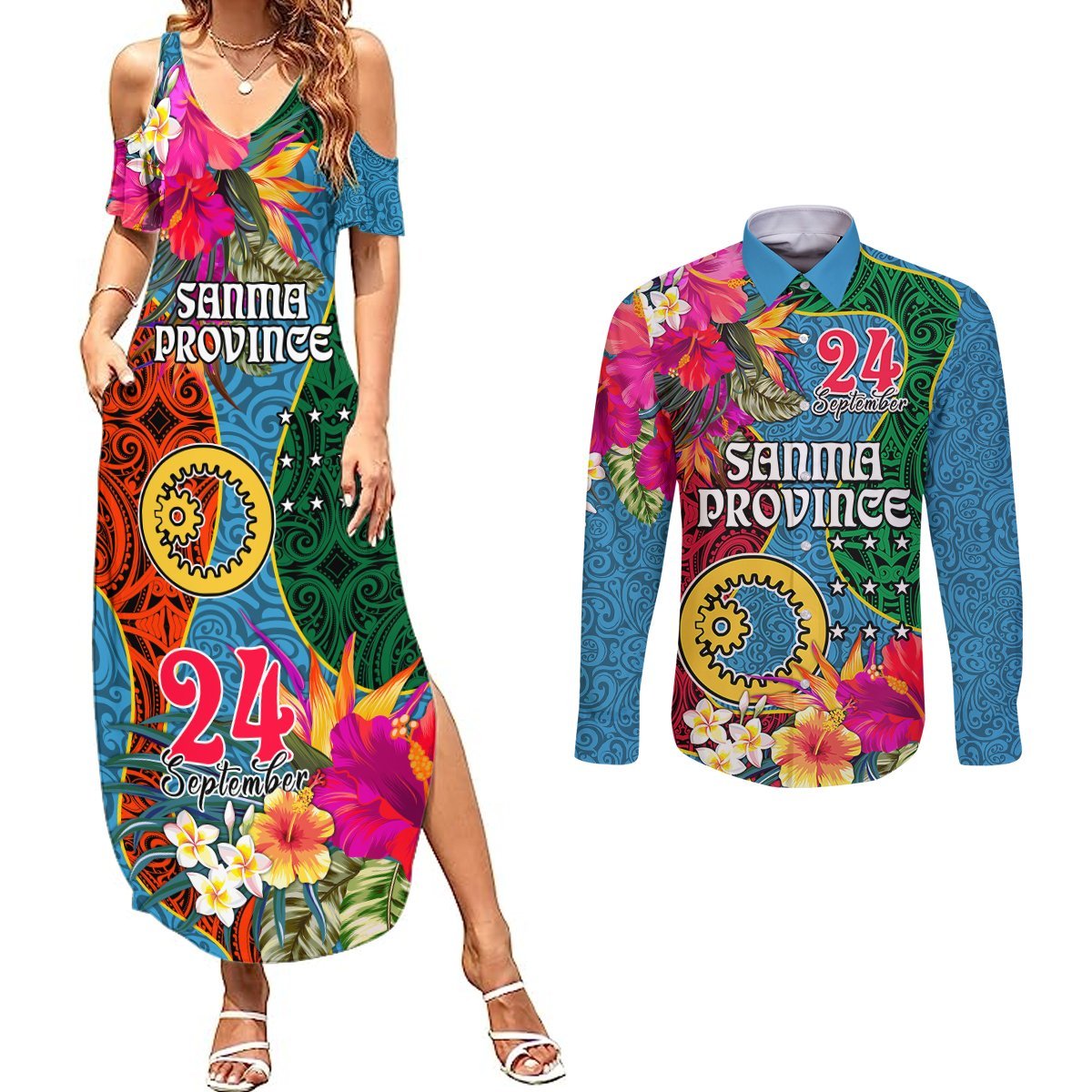 Personalised Sanma Day Couples Matching Summer Maxi Dress and Long Sleeve Button Shirts Proud To Be A Ni-Van Beauty Pacific Flower LT03 Blue - Polynesian Pride