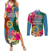 Personalised Sanma Day Couples Matching Summer Maxi Dress and Long Sleeve Button Shirts Proud To Be A Ni-Van Beauty Pacific Flower LT03 Blue - Polynesian Pride