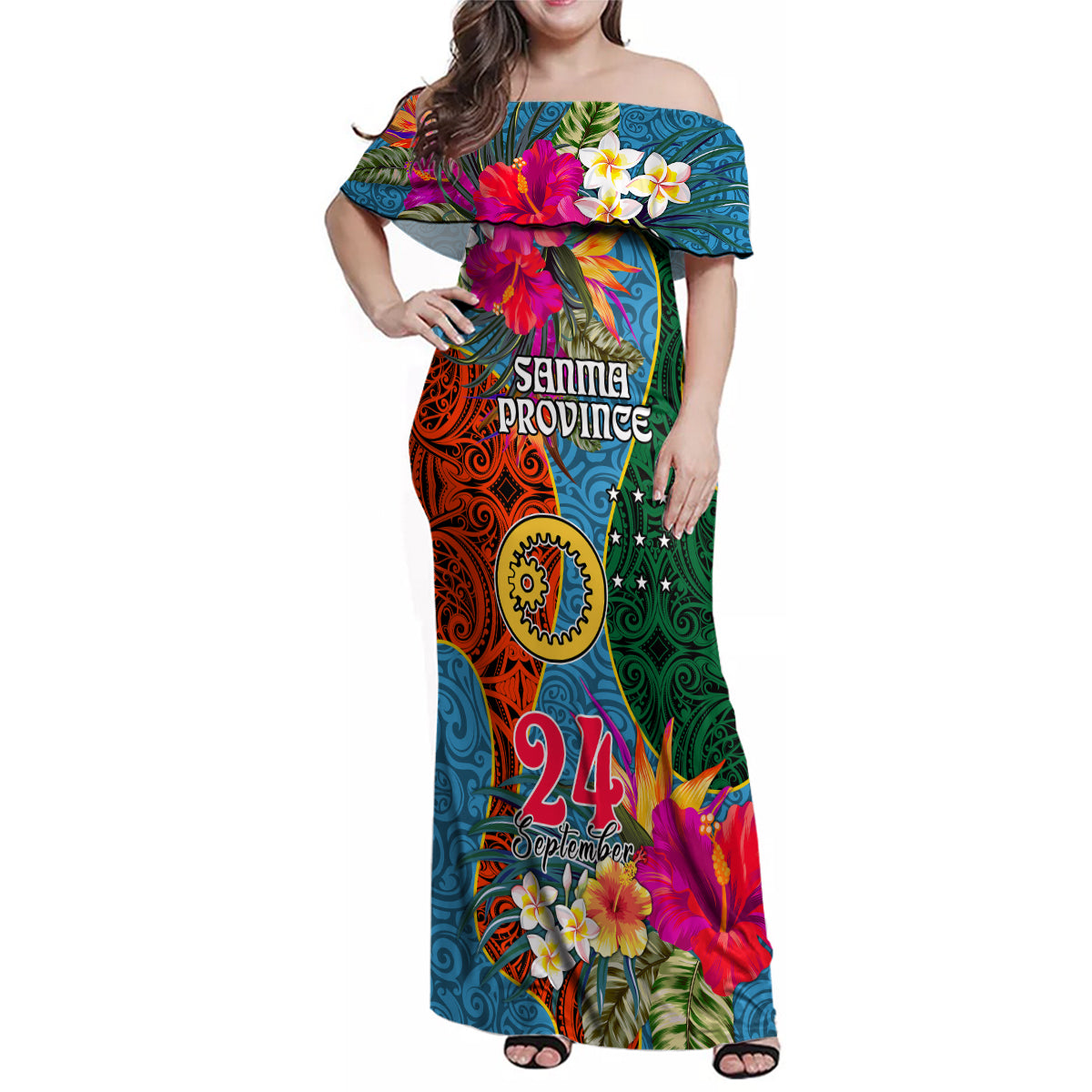 Personalised Sanma Day Family Matching Off Shoulder Maxi Dress and Hawaiian Shirt Proud To Be A Ni-Van Beauty Pacific Flower LT03 - Polynesian Pride