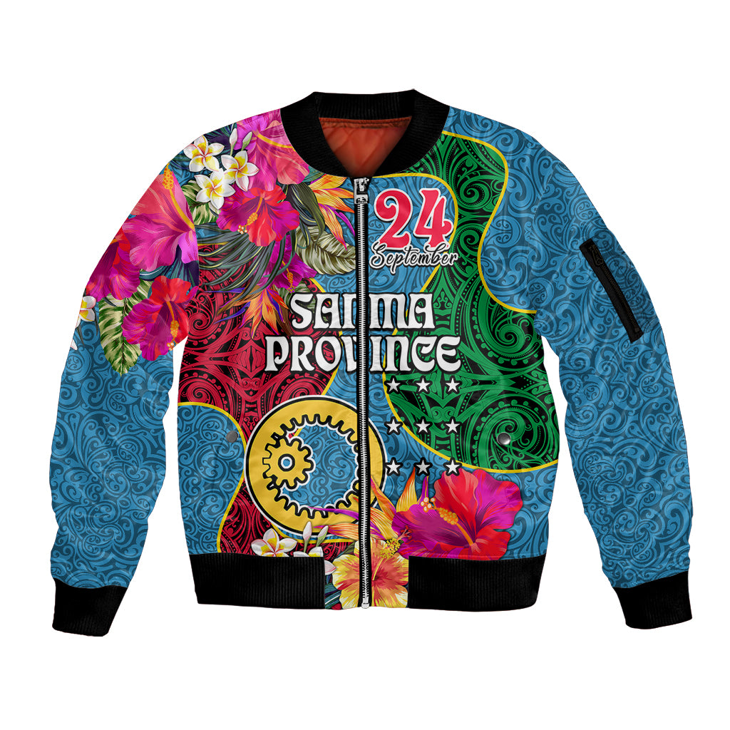 Personalised Sanma Day Sleeve Zip Bomber Jacket Proud To Be A Ni-Van Beauty Pacific Flower LT03 Unisex Blue - Polynesian Pride
