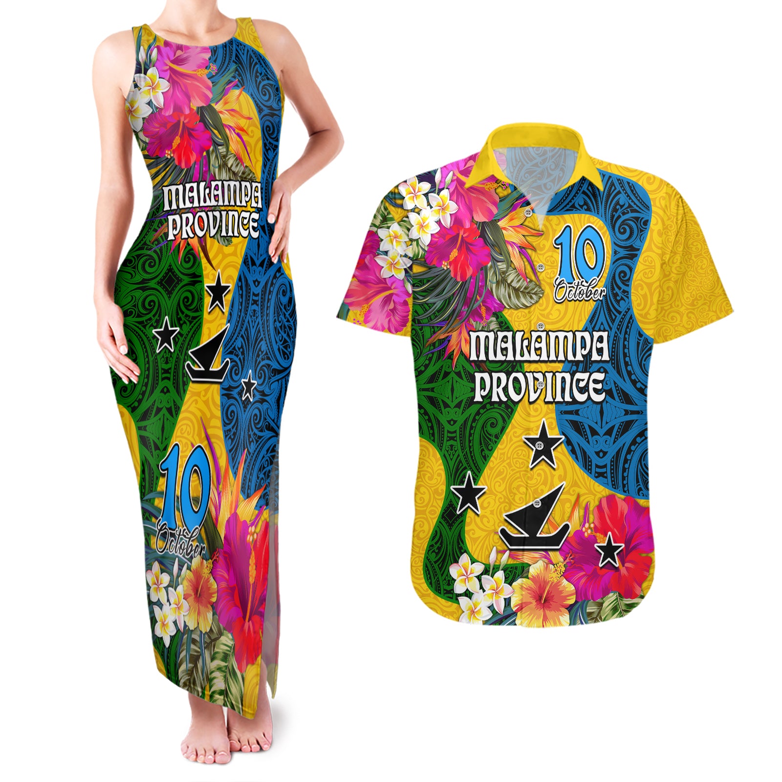 Malampa Day Couples Matching Tank Maxi Dress and Hawaiian Shirt Proud To Be A Ni-Van Beauty Pacific Flower LT03 Yellow - Polynesian Pride