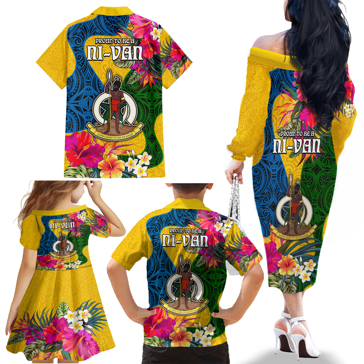 Malampa Day Family Matching Off Shoulder Long Sleeve Dress and Hawaiian Shirt Proud To Be A Ni-Van Beauty Pacific Flower LT03 - Polynesian Pride
