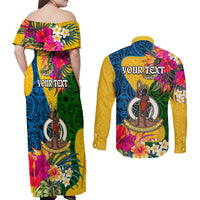 Personalised Malampa Day Couples Matching Off Shoulder Maxi Dress and Long Sleeve Button Shirts Proud To Be A Ni-Van Beauty Pacific Flower LT03 - Polynesian Pride