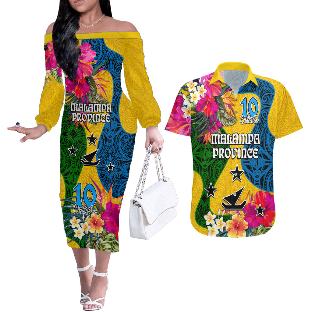 Personalised Malampa Day Couples Matching Off The Shoulder Long Sleeve Dress and Hawaiian Shirt Proud To Be A Ni-Van Beauty Pacific Flower LT03 Yellow - Polynesian Pride