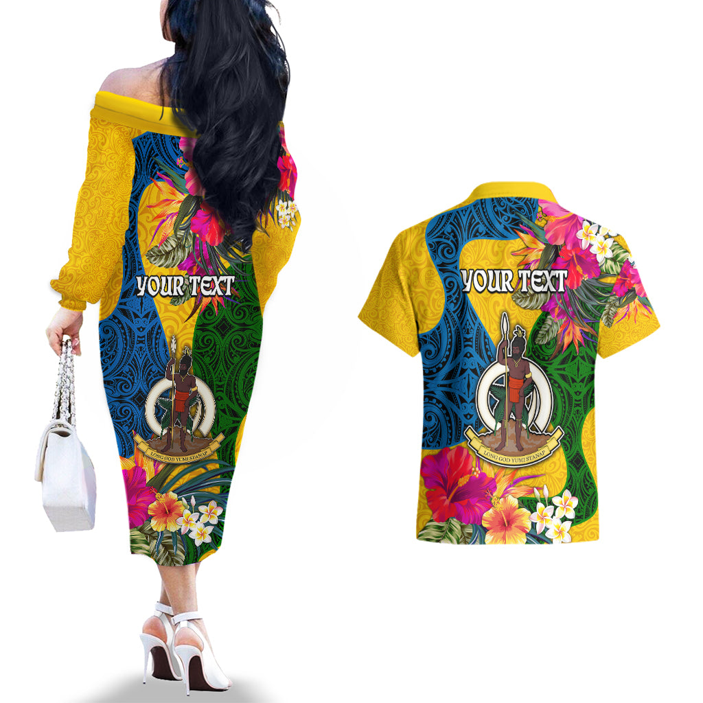 Personalised Malampa Day Couples Matching Off The Shoulder Long Sleeve Dress and Hawaiian Shirt Proud To Be A Ni-Van Beauty Pacific Flower LT03 - Polynesian Pride