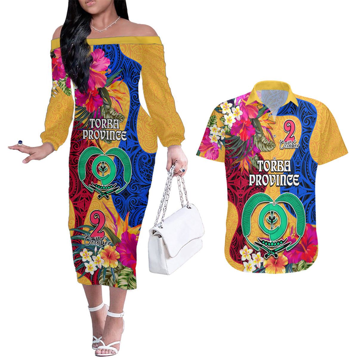 Torba Day Couples Matching Off The Shoulder Long Sleeve Dress and Hawaiian Shirt Proud To Be A Ni-Van Beauty Pacific Flower LT03 Yellow - Polynesian Pride