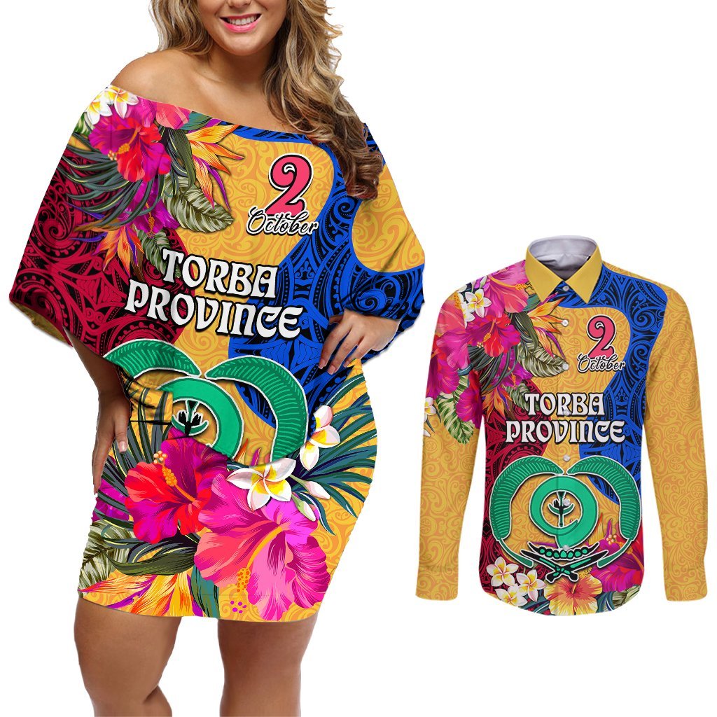 Personalised Torba Day Couples Matching Off Shoulder Short Dress and Long Sleeve Button Shirts Proud To Be A Ni-Van Beauty Pacific Flower LT03 Yellow - Polynesian Pride