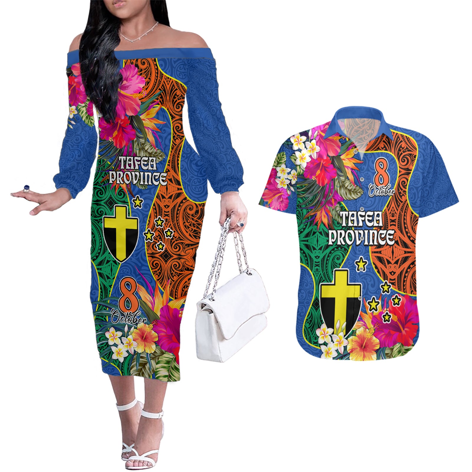 Tafea Day Couples Matching Off The Shoulder Long Sleeve Dress and Hawaiian Shirt Proud To Be A Ni-Van Beauty Pacific Flower LT03 Blue - Polynesian Pride