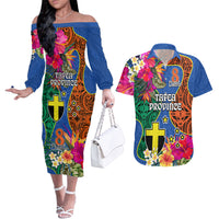 Personalised Tafea Day Couples Matching Off The Shoulder Long Sleeve Dress and Hawaiian Shirt Proud To Be A Ni-Van Beauty Pacific Flower LT03 Blue - Polynesian Pride