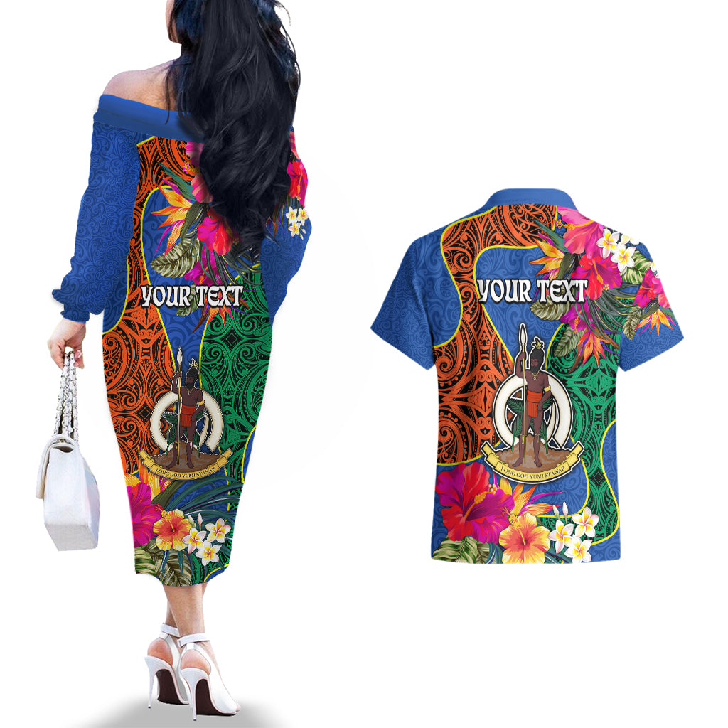 Personalised Tafea Day Couples Matching Off The Shoulder Long Sleeve Dress and Hawaiian Shirt Proud To Be A Ni-Van Beauty Pacific Flower LT03 - Polynesian Pride