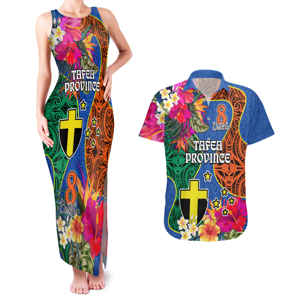 Personalised Tafea Day Couples Matching Tank Maxi Dress and Hawaiian Shirt Proud To Be A Ni-Van Beauty Pacific Flower LT03 Blue - Polynesian Pride