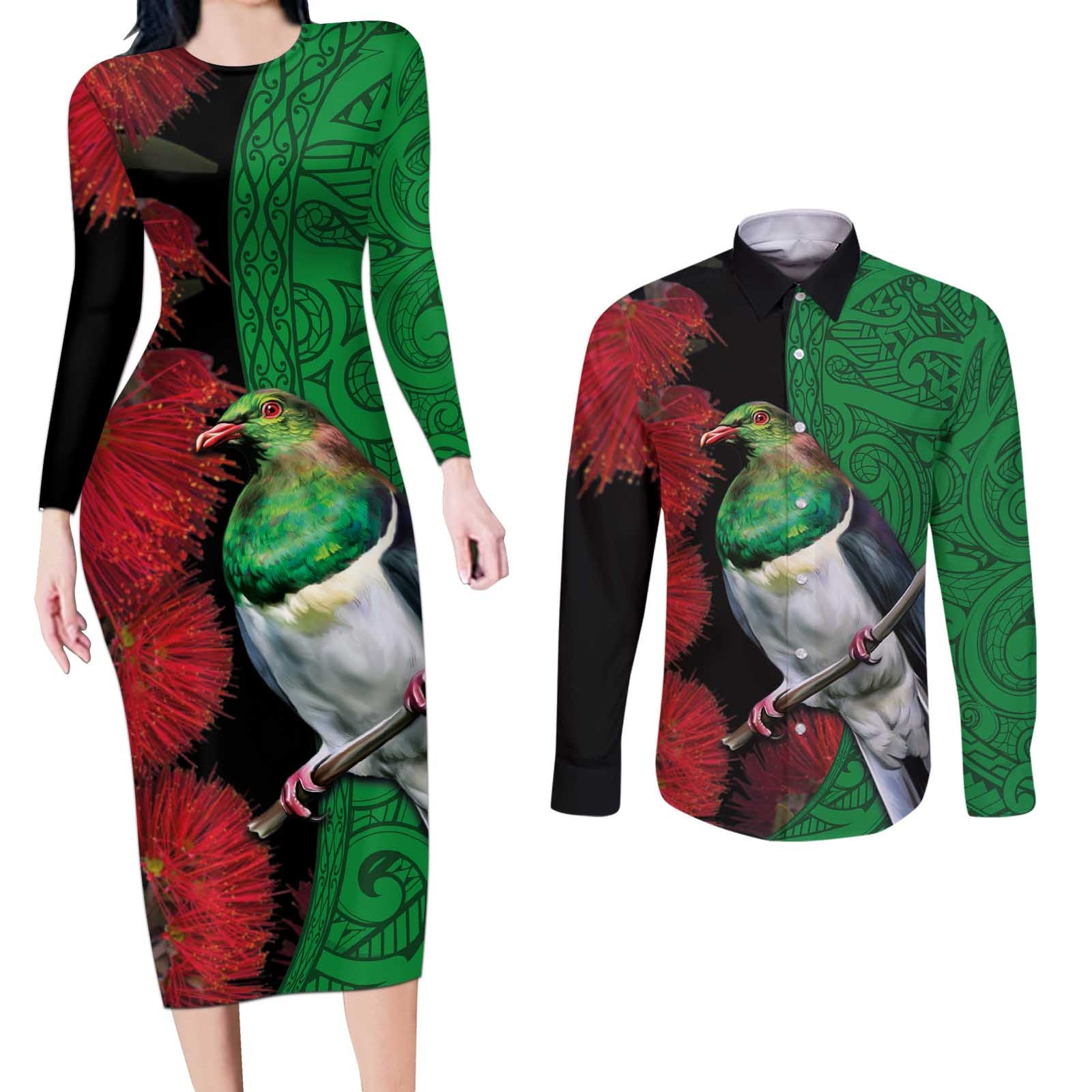 New Zealand Kereru And Pohutukawa Couples Matching Long Sleeve Bodycon Dress and Long Sleeve Button Shirt Maori Tribal Tattoo LT03 Black - Polynesian Pride