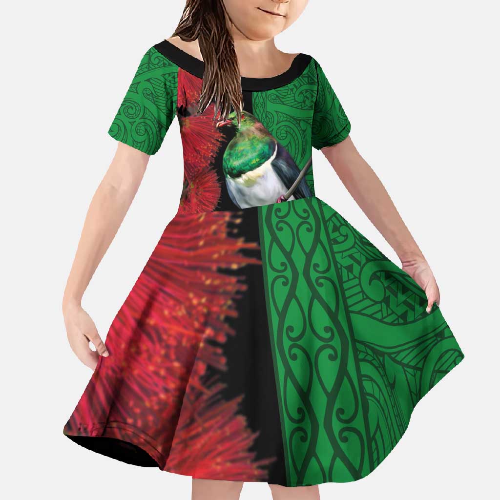 New Zealand Kereru And Pohutukawa Family Matching Off Shoulder Maxi Dress and Hawaiian Shirt Maori Tribal Tattoo