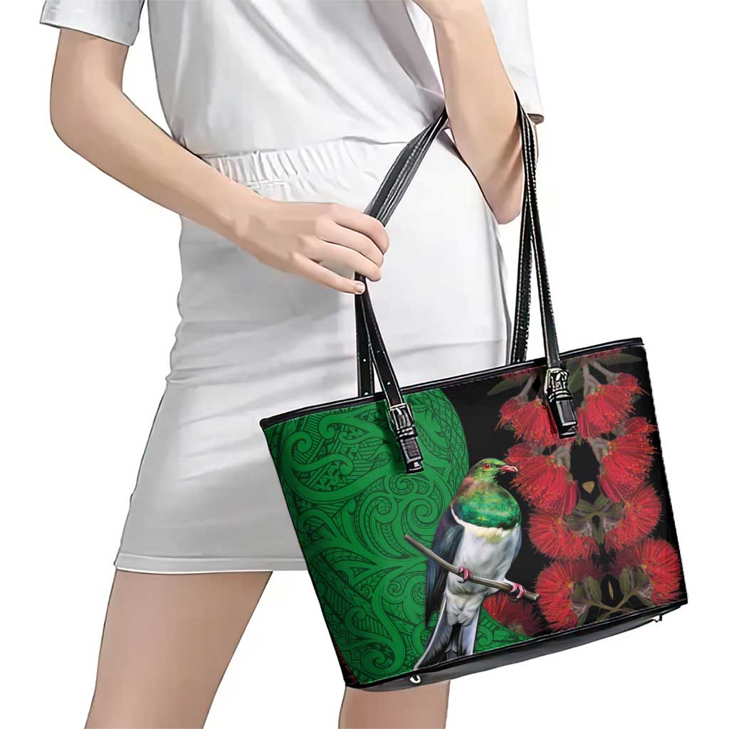 New Zealand Kereru And Pohutukawa Leather Tote Bag Maori Tribal Tattoo