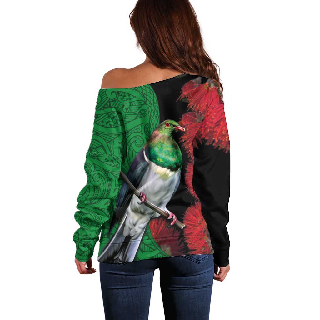 New Zealand Kereru And Pohutukawa Off Shoulder Sweater Maori Tribal Tattoo