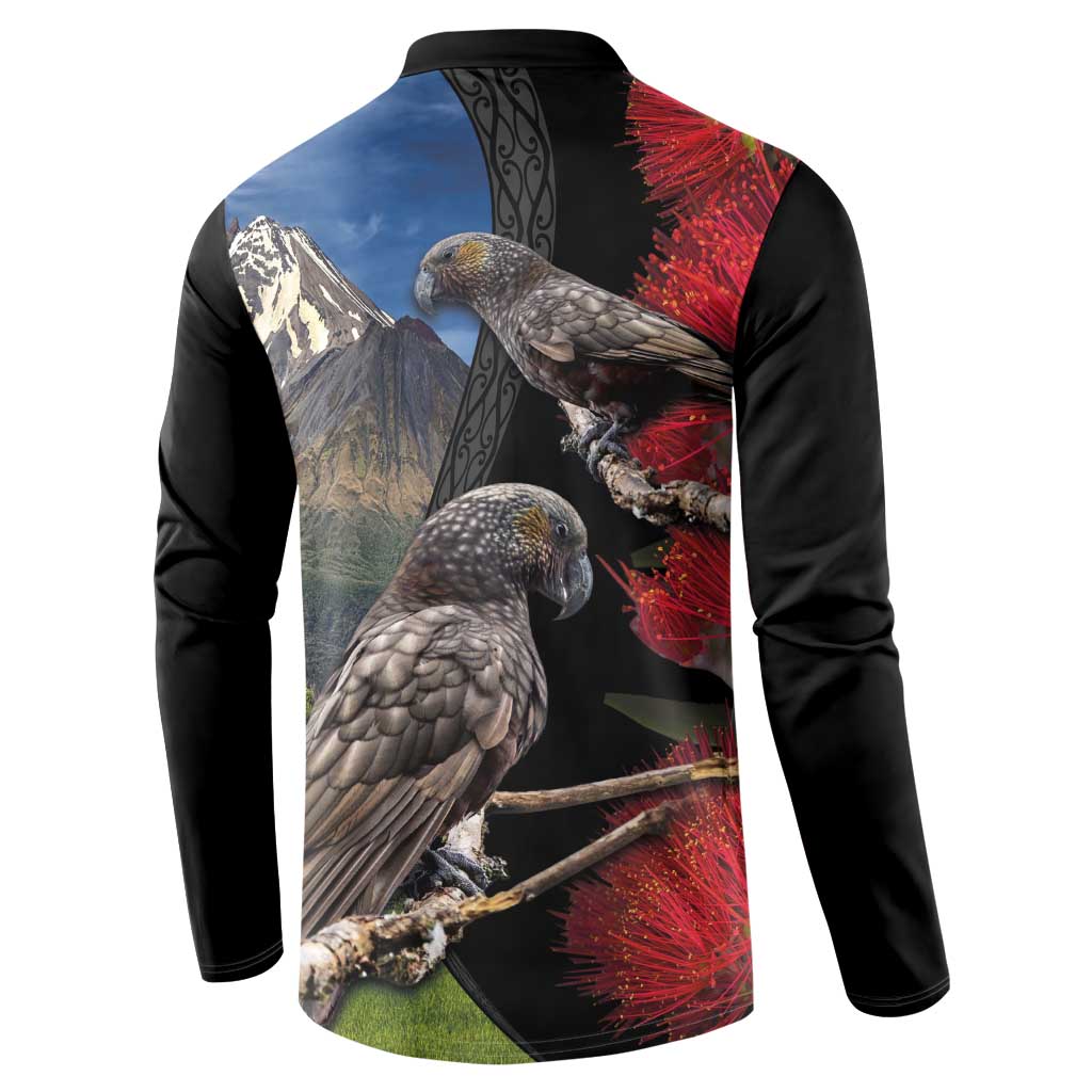 New Zealand Kea And Pohutukawa Button Sweatshirt With The Mountain Landscape