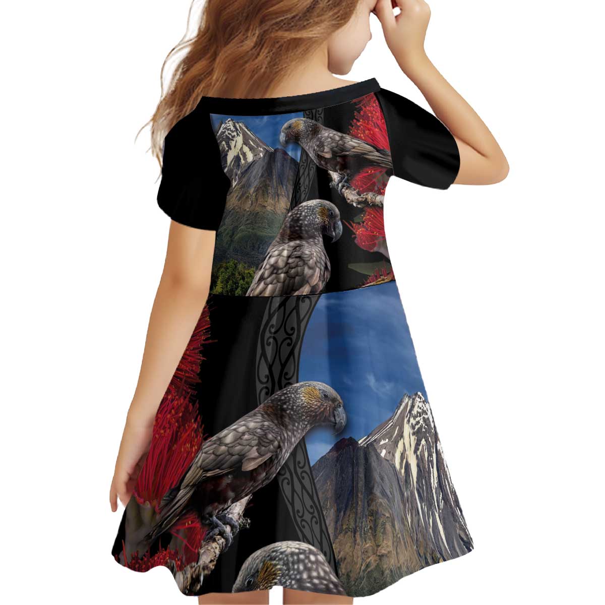 New Zealand Kea And Pohutukawa Family Matching Off Shoulder Short Dress and Hawaiian Shirt With The Mountain Landscape