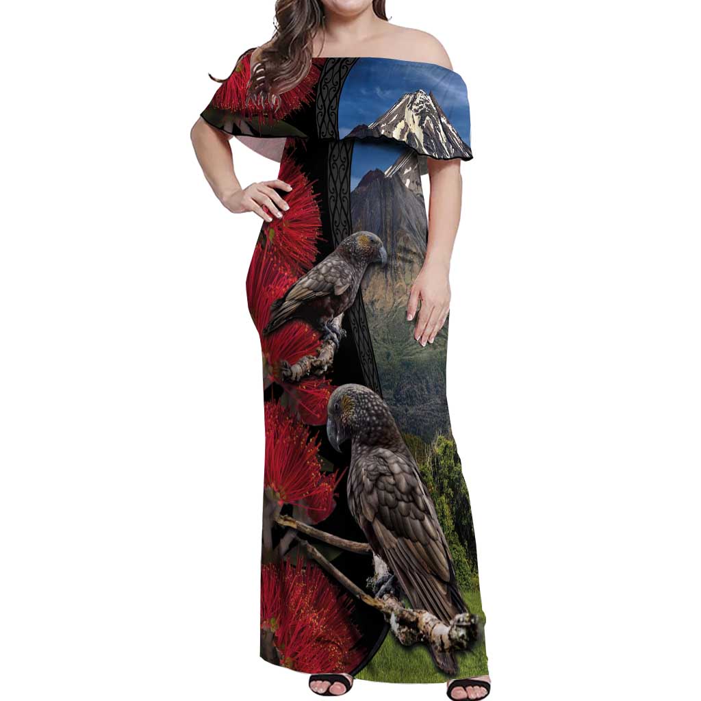New Zealand Kea And Pohutukawa Off Shoulder Maxi Dress With The Mountain Landscape LT03 Women Black - Polynesian Pride