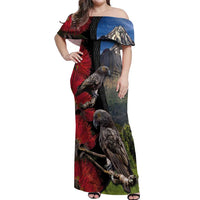 New Zealand Kea And Pohutukawa Off Shoulder Maxi Dress With The Mountain Landscape LT03 Women Black - Polynesian Pride