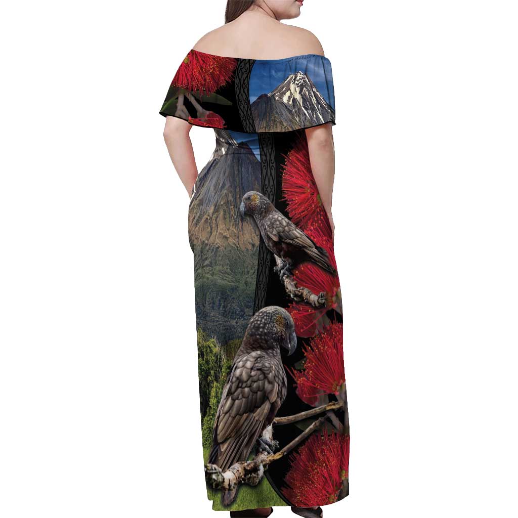 New Zealand Kea And Pohutukawa Off Shoulder Maxi Dress With The Mountain Landscape LT03 - Polynesian Pride