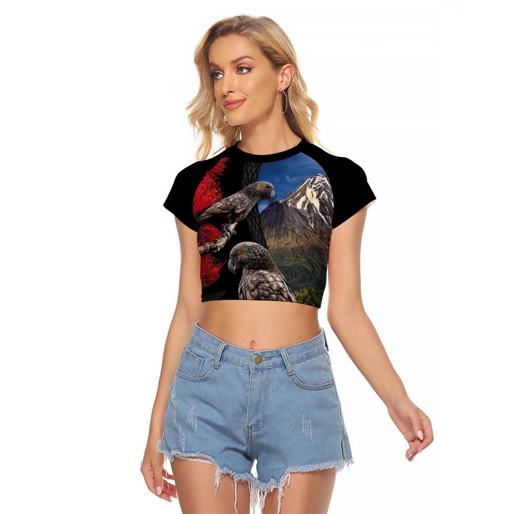 New Zealand Kea And Pohutukawa Raglan Cropped T Shirt With The Mountain Landscape LT03 Female Black - Polynesian Pride