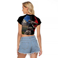 New Zealand Kea And Pohutukawa Raglan Cropped T Shirt With The Mountain Landscape LT03 - Polynesian Pride