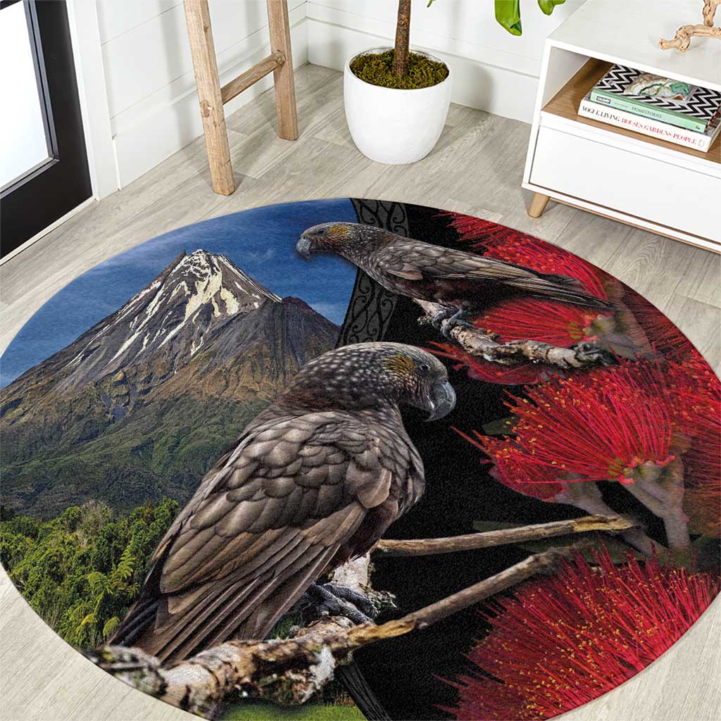 New Zealand Kea And Pohutukawa Round Carpet With The Mountain Landscape LT03 Black - Polynesian Pride