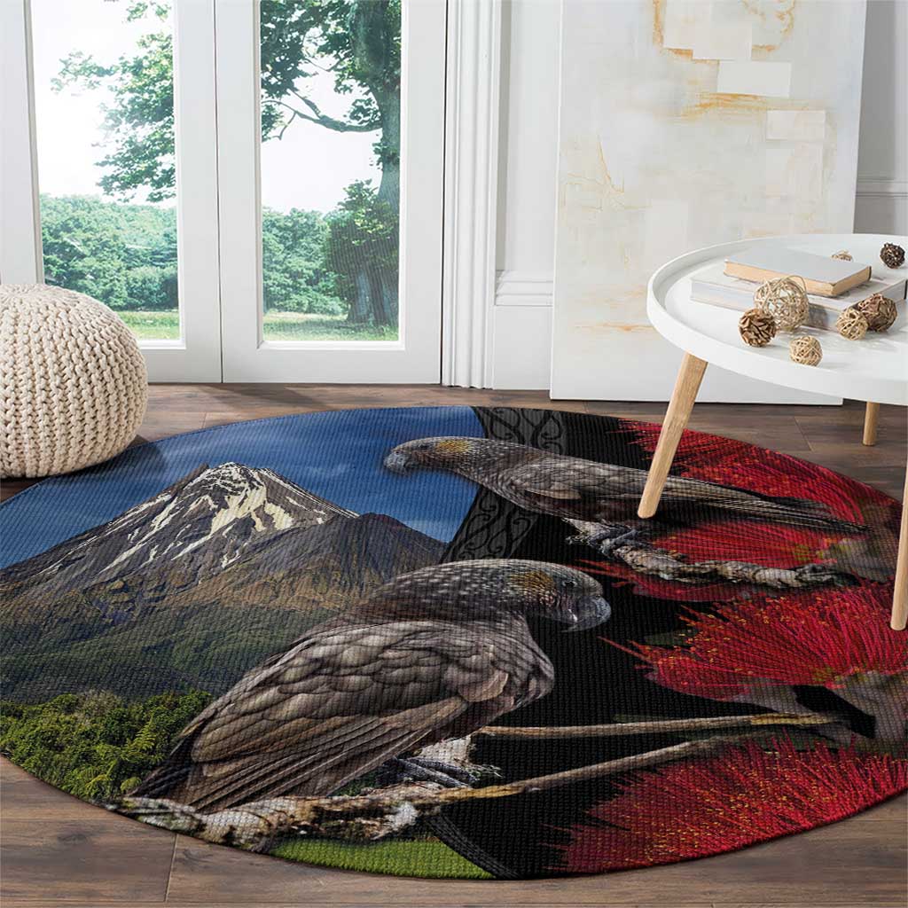 New Zealand Kea And Pohutukawa Round Carpet With The Mountain Landscape LT03 - Polynesian Pride