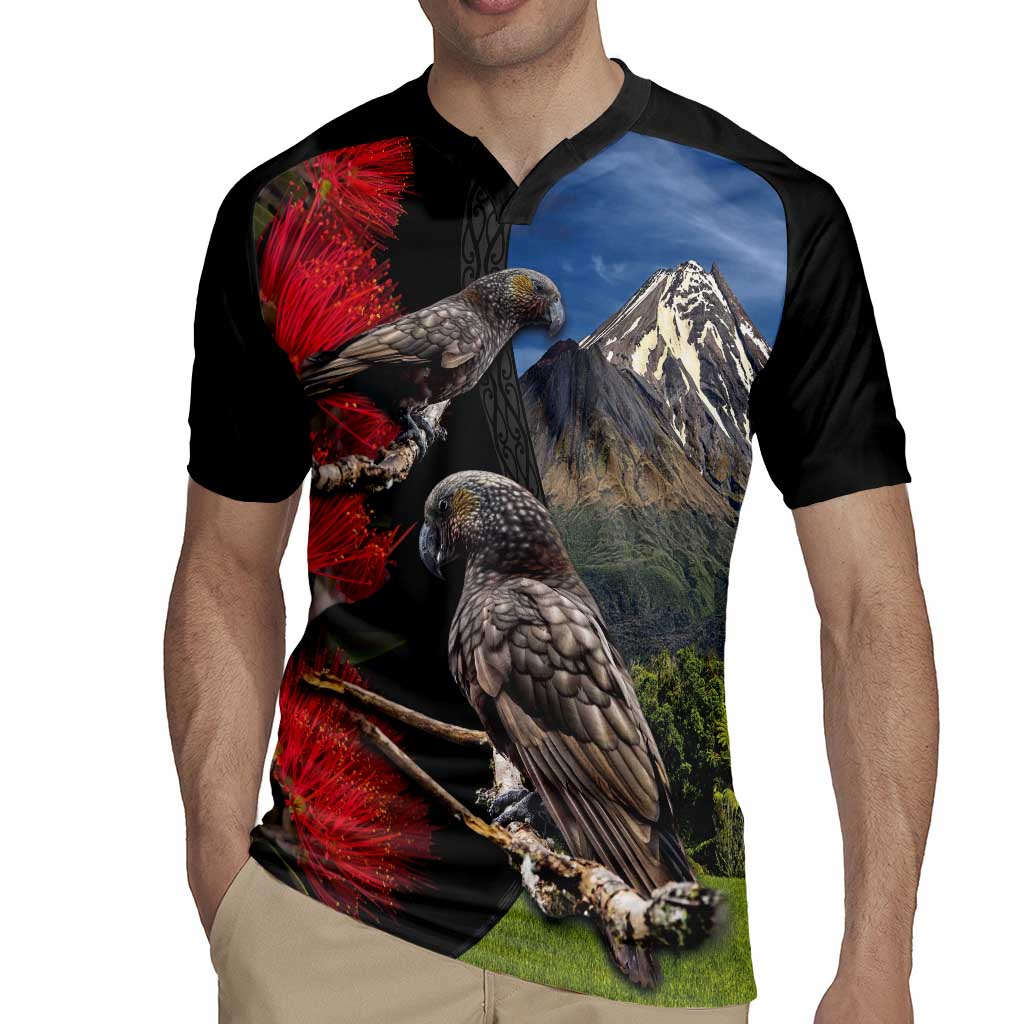 New Zealand Kea And Pohutukawa Rugby Jersey With The Mountain Landscape