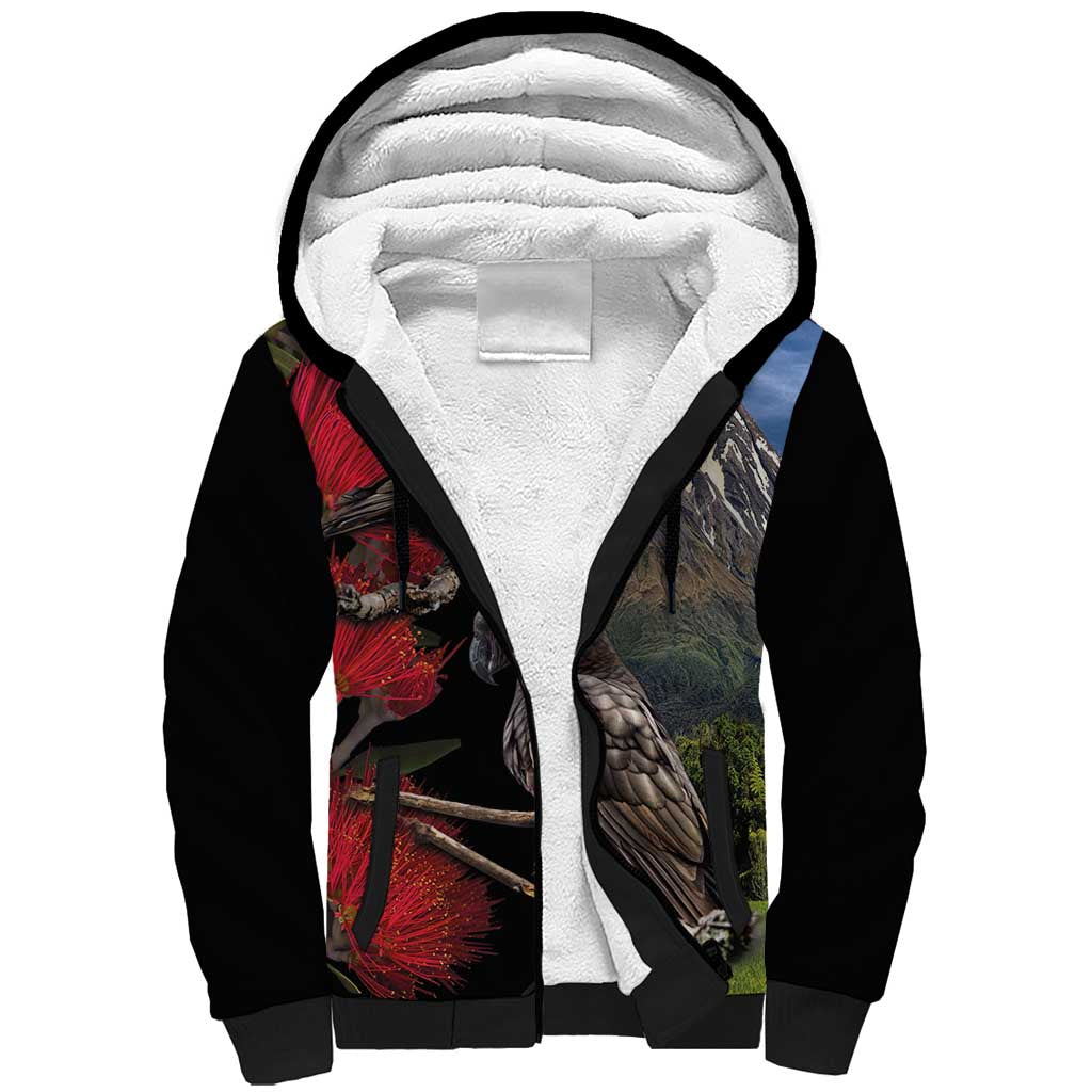 New Zealand Kea And Pohutukawa Sherpa Hoodie With The Mountain Landscape