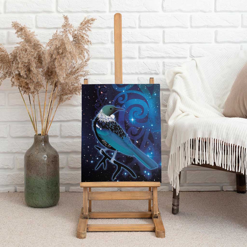 New Zealand Tui Bird Canvas Wall Art The Pleiades Star Cluster and Koru Tribal Tattoo Galaxy Vibe