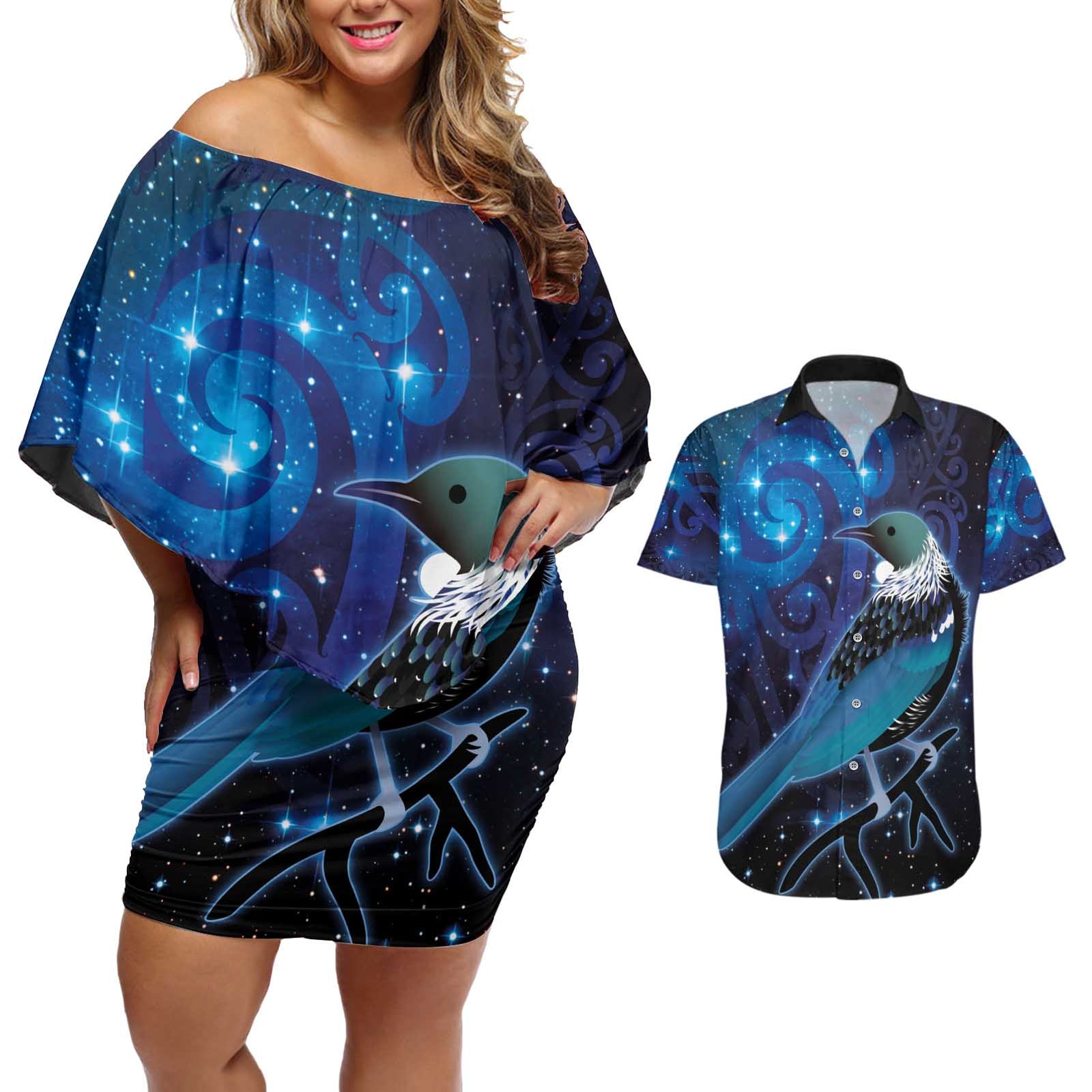 New Zealand Tui Bird Couples Matching Off Shoulder Short Dress and Hawaiian Shirt The Pleiades Star Cluster and Koru Tribal Tattoo Galaxy Vibe