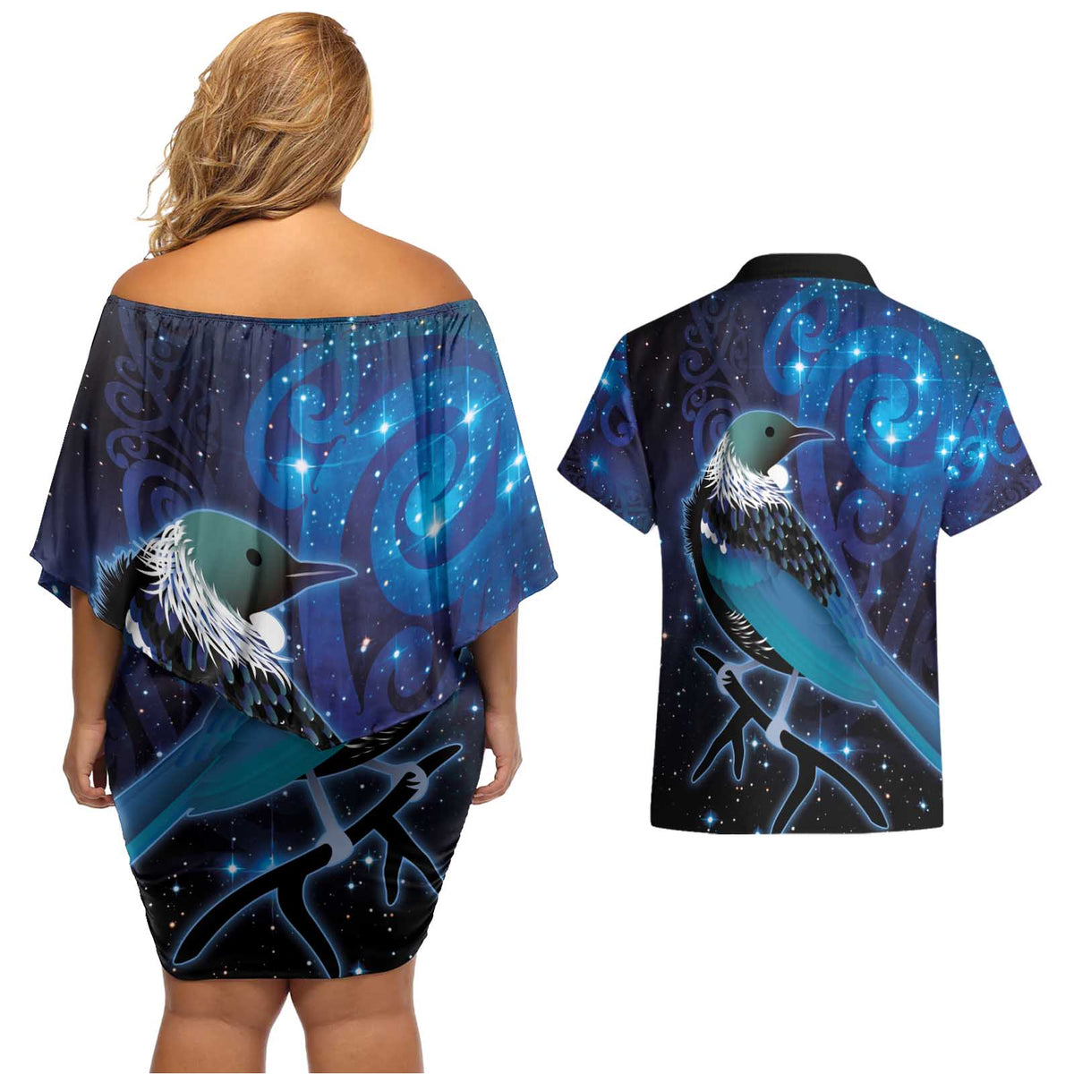 New Zealand Tui Bird Couples Matching Off Shoulder Short Dress and Hawaiian Shirt The Pleiades Star Cluster and Koru Tribal Tattoo Galaxy Vibe