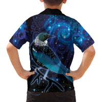 New Zealand Tui Bird Family Matching Off The Shoulder Long Sleeve Dress and Hawaiian Shirt The Pleiades Star Cluster and Koru Tribal Tattoo Galaxy Vibe