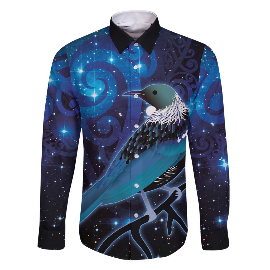 New Zealand Tui Bird Family Matching Short Sleeve Bodycon Dress and Hawaiian Shirt The Pleiades Star Cluster and Koru Tribal Tattoo Galaxy Vibe