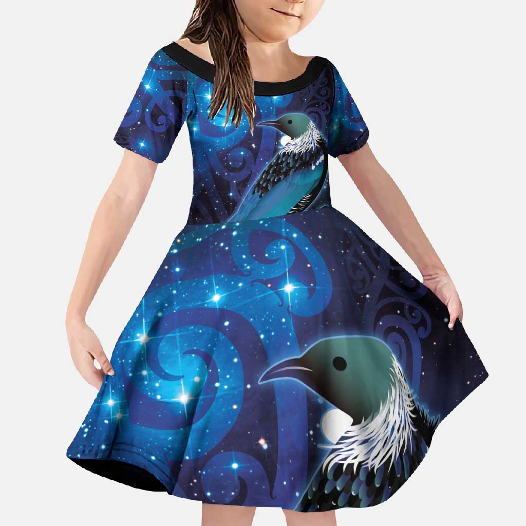 New Zealand Tui Bird Family Matching Summer Maxi Dress and Hawaiian Shirt The Pleiades Star Cluster and Koru Tribal Tattoo Galaxy Vibe LT03 Daughter's Dress Blue - Polynesian Pride