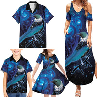 New Zealand Tui Bird Family Matching Summer Maxi Dress and Hawaiian Shirt The Pleiades Star Cluster and Koru Tribal Tattoo Galaxy Vibe LT03 - Polynesian Pride