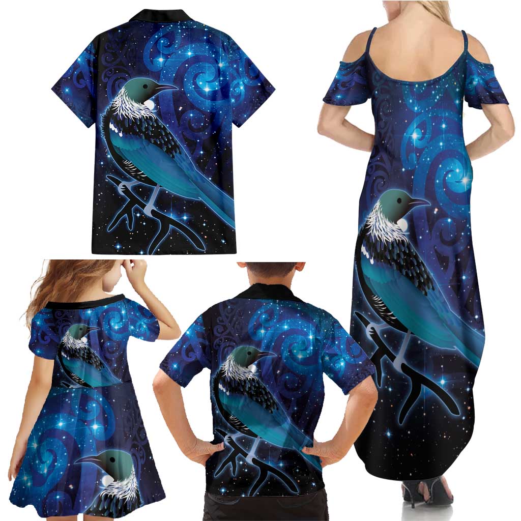 New Zealand Tui Bird Family Matching Summer Maxi Dress and Hawaiian Shirt The Pleiades Star Cluster and Koru Tribal Tattoo Galaxy Vibe LT03 - Polynesian Pride