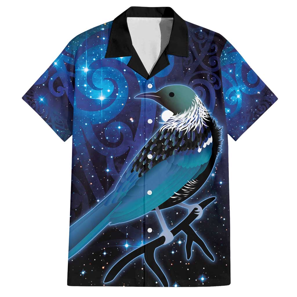 New Zealand Tui Bird Family Matching Summer Maxi Dress and Hawaiian Shirt The Pleiades Star Cluster and Koru Tribal Tattoo Galaxy Vibe LT03 Dad's Shirt - Short Sleeve Blue - Polynesian Pride