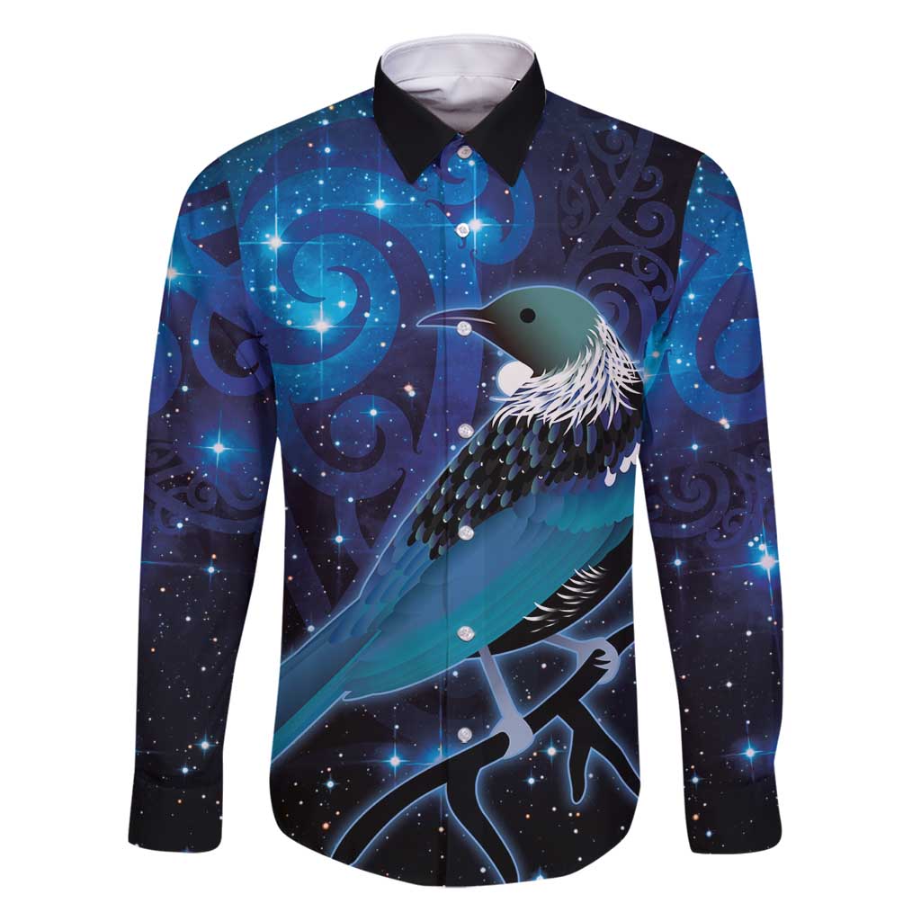 New Zealand Tui Bird Family Matching Summer Maxi Dress and Hawaiian Shirt The Pleiades Star Cluster and Koru Tribal Tattoo Galaxy Vibe LT03 Dad's Shirt - Long Sleeve Blue - Polynesian Pride