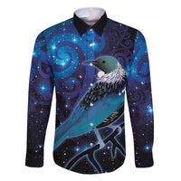 New Zealand Tui Bird Family Matching Summer Maxi Dress and Hawaiian Shirt The Pleiades Star Cluster and Koru Tribal Tattoo Galaxy Vibe LT03 Dad's Shirt - Long Sleeve Blue - Polynesian Pride