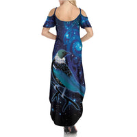 New Zealand Tui Bird Family Matching Summer Maxi Dress and Hawaiian Shirt The Pleiades Star Cluster and Koru Tribal Tattoo Galaxy Vibe LT03 - Polynesian Pride
