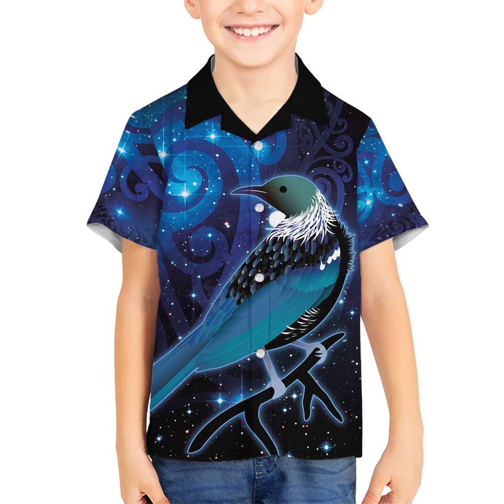 New Zealand Tui Bird Family Matching Summer Maxi Dress and Hawaiian Shirt The Pleiades Star Cluster and Koru Tribal Tattoo Galaxy Vibe LT03 Son's Shirt Blue - Polynesian Pride