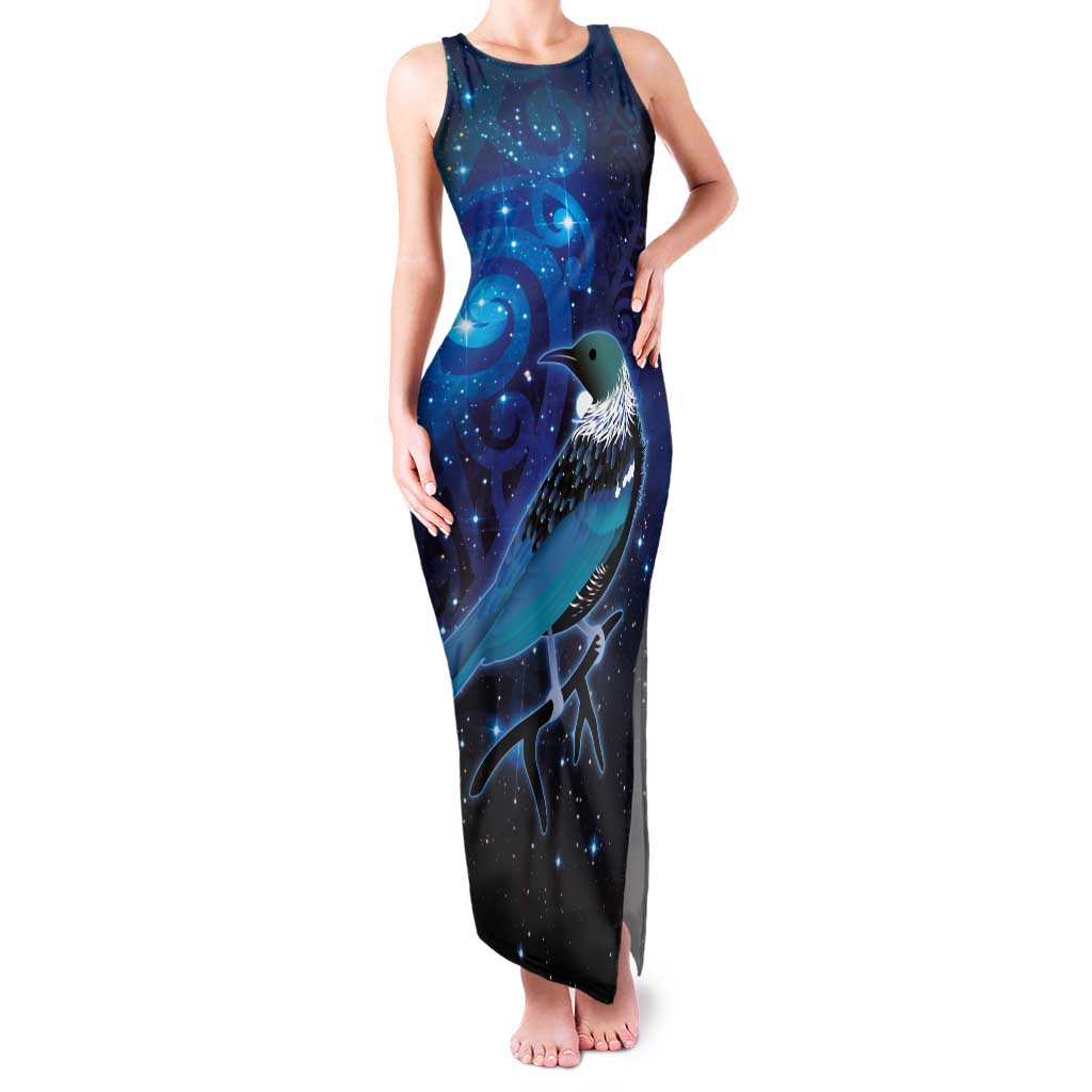 New Zealand Tui Bird Family Matching Tank Maxi Dress and Hawaiian Shirt The Pleiades Star Cluster and Koru Tribal Tattoo Galaxy Vibe