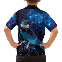 New Zealand Tui Bird Kid Hawaiian Shirt The Pleiades Star Cluster and Koru Tribal Tattoo Galaxy Vibe