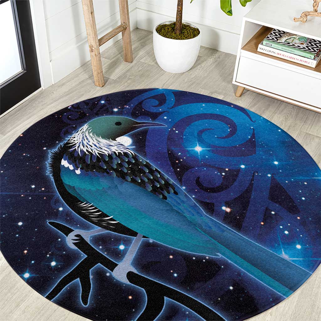 New Zealand Tui Bird Round Carpet The Pleiades Star Cluster and Koru Tribal Tattoo Galaxy Vibe LT03 Blue - Polynesian Pride