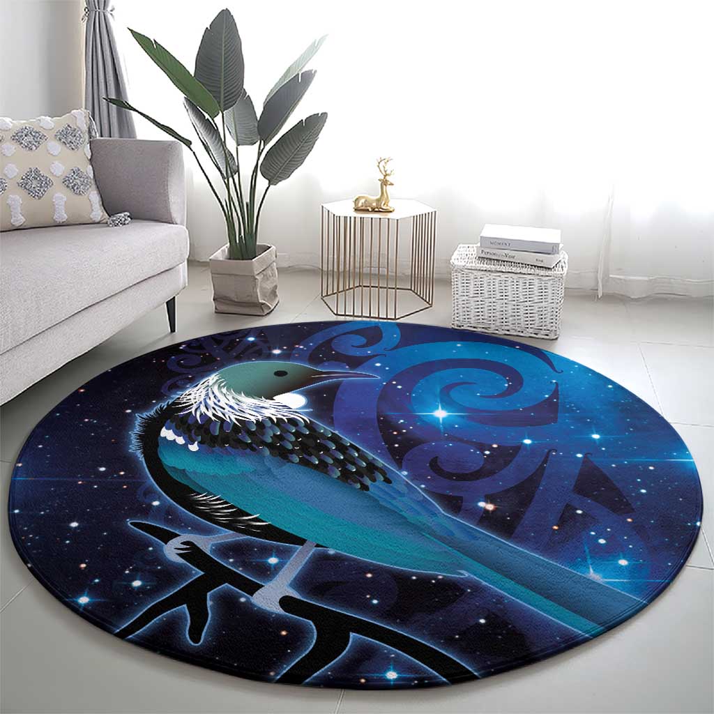 New Zealand Tui Bird Round Carpet The Pleiades Star Cluster and Koru Tribal Tattoo Galaxy Vibe LT03 - Polynesian Pride