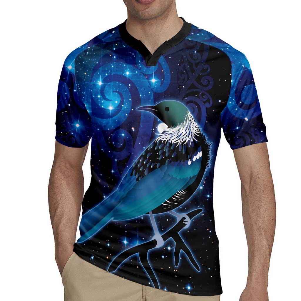 New Zealand Tui Bird Rugby Jersey The Pleiades Star Cluster and Koru Tribal Tattoo Galaxy Vibe