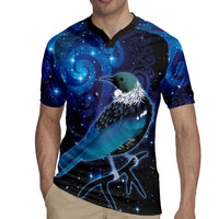 New Zealand Tui Bird Rugby Jersey The Pleiades Star Cluster and Koru Tribal Tattoo Galaxy Vibe
