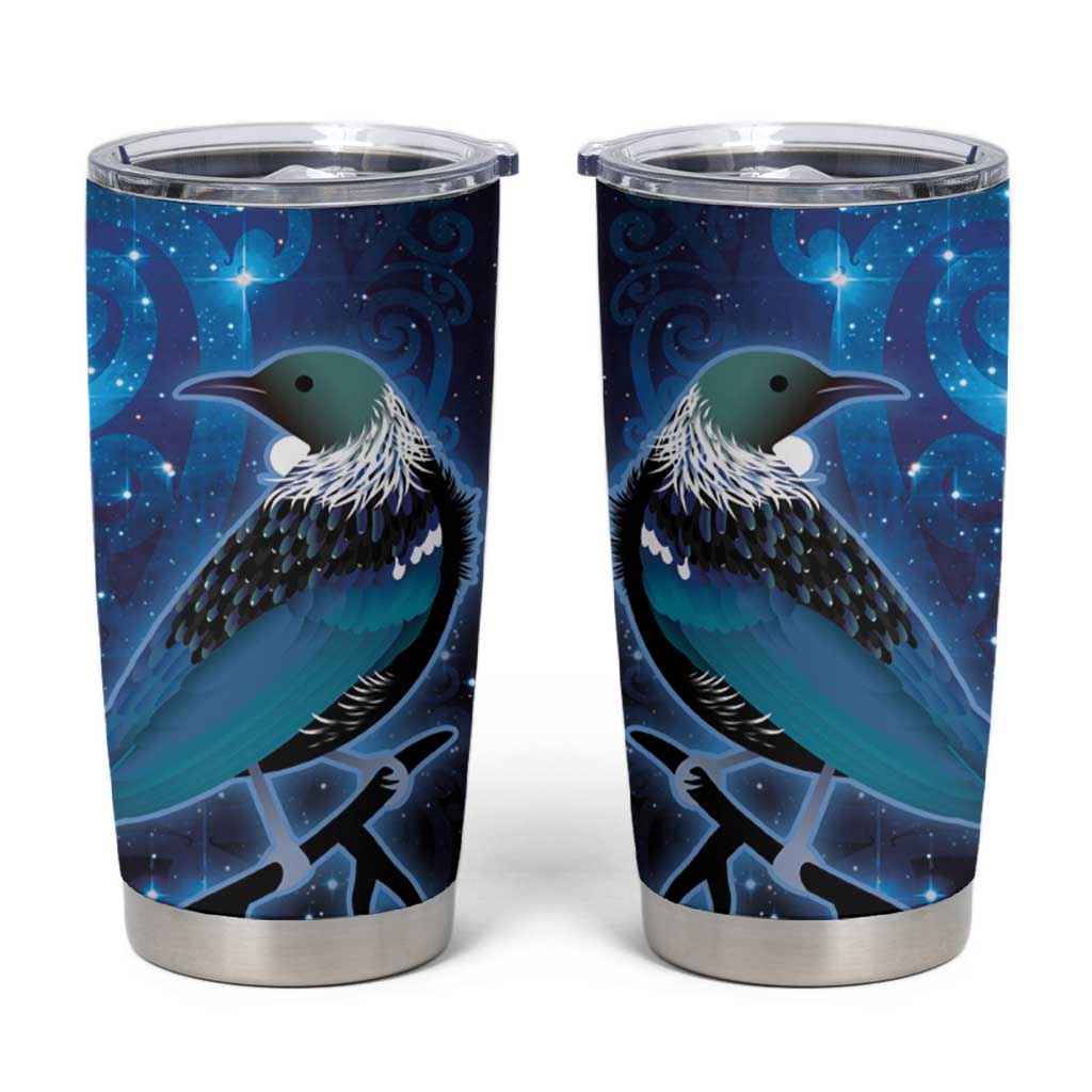 New Zealand Tui Bird Tumbler Cup The Pleiades Star Cluster and Koru Tribal Tattoo Galaxy Vibe